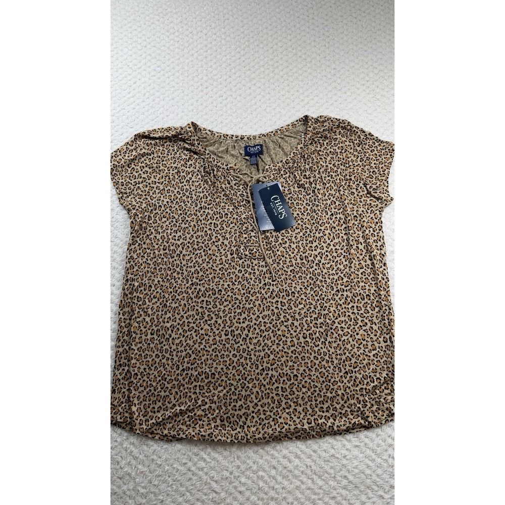 Chaps Women Cheetah Brown/black Blouse Beautiful Short Sleeve Sz L